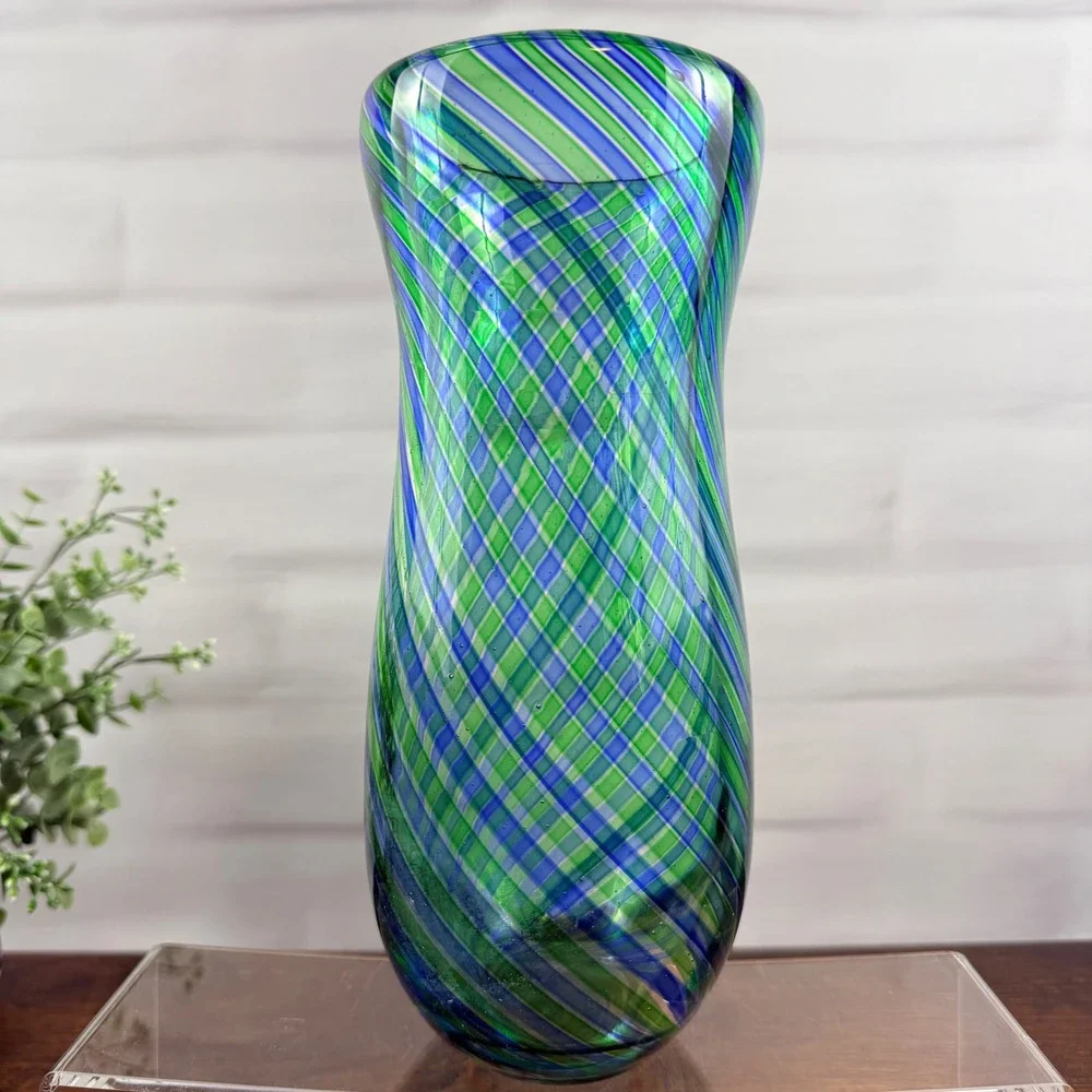 Italian Art Glass Vase Blue Green Striped Blown Glass Murano Mid Century